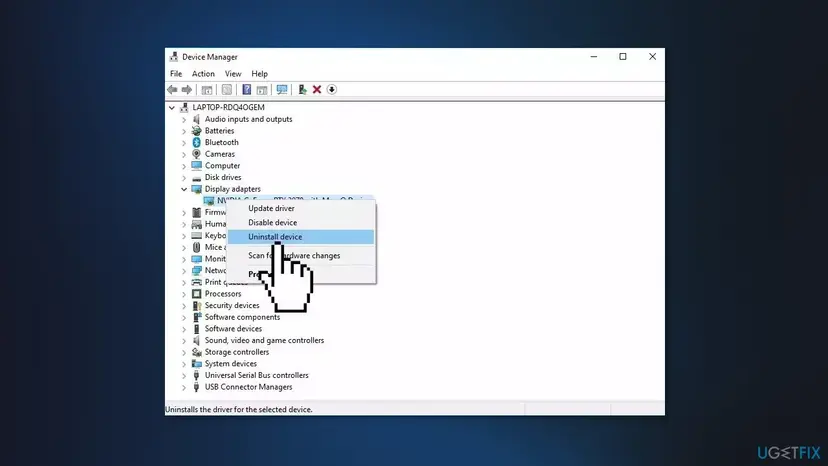 Device Manager with Display adapters expanded and the right-click menu on the graphics card, with the pointer on Uninstall device