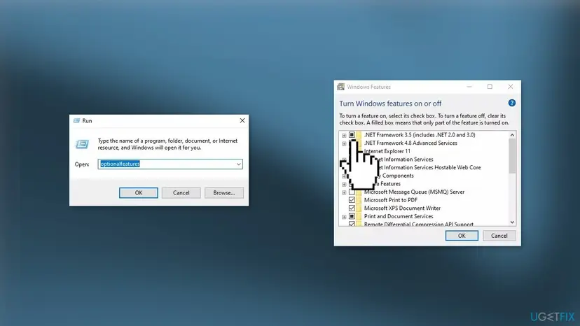Run box with optionalfeatures typed and the Windows Features window listing .NET Framework 3.5 and .NET Framework 4.8 Advanced Services in Windows 10