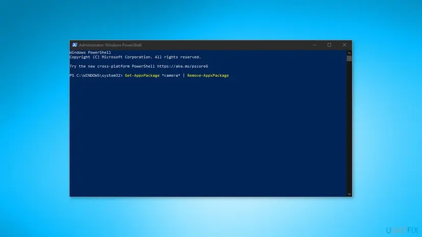 Administrator Windows PowerShell window on Windows 10 with the Get-AppxPackage and Remove-AppxPackage command typed at the prompt