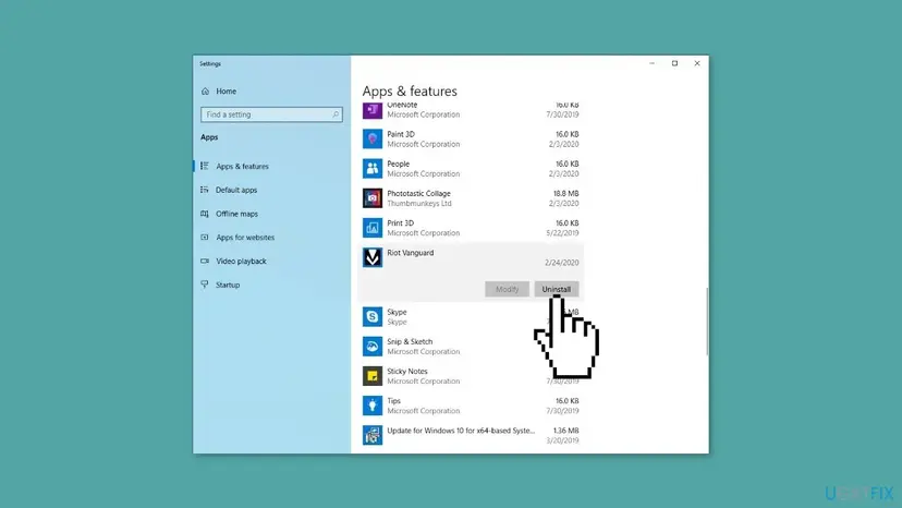 Windows 10 Settings, Apps and features list with Riot Vanguard selected and its Uninstall button