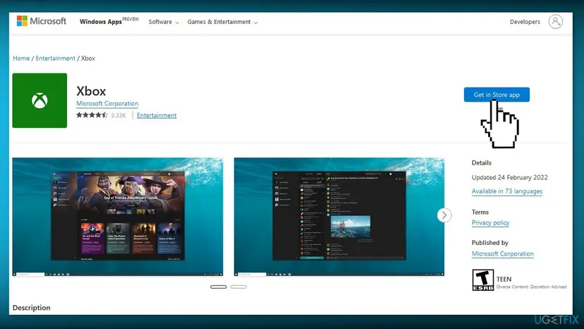 Xbox app download page on the Microsoft website with the Get in Store app button that opens the Xbox app in Microsoft Store