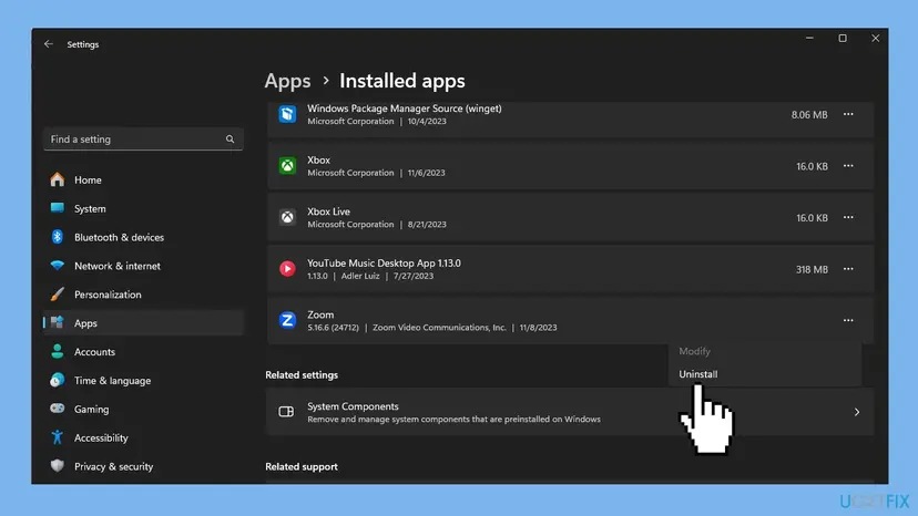 Windows 11 Settings, Apps, Installed apps with the menu of the Zoom entry open and Uninstall selected below a greyed out Modify