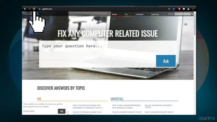 Google Chrome browser window pointing to the reload page button next to the address bar
