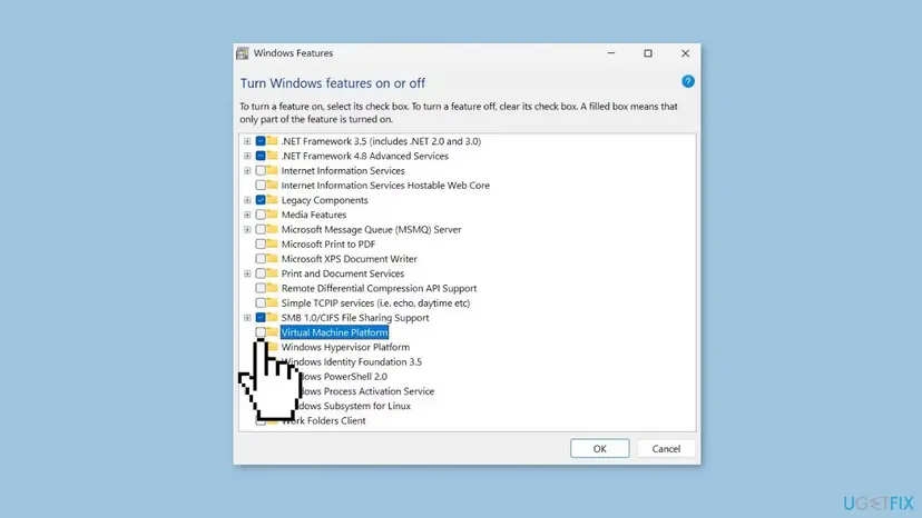 Windows 11 Windows Features window listing .NET Framework 3.5, Virtual Machine Platform, Windows Hypervisor Platform and Windows Identity Foundation 3.5 with check boxes