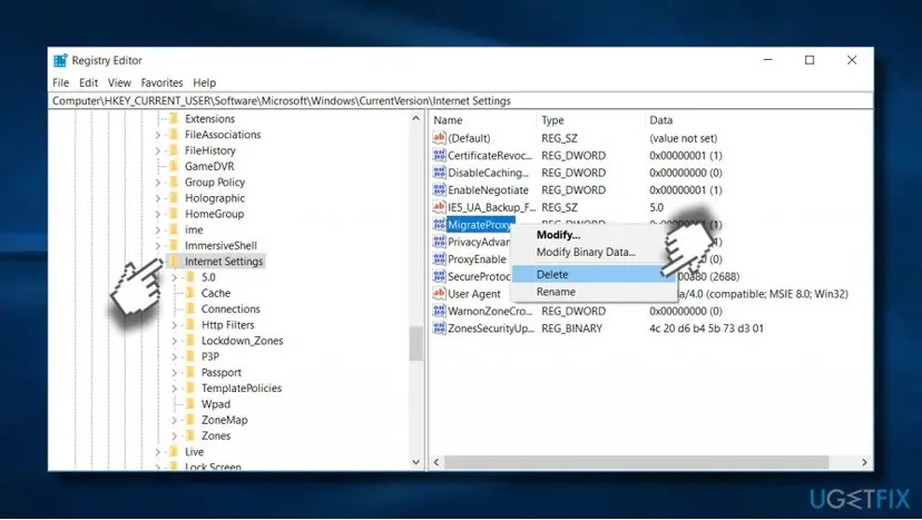 Registry Editor open at HKEY_CURRENT_USER Software Microsoft Windows CurrentVersion Internet Settings with the value list and a right-click menu with Delete