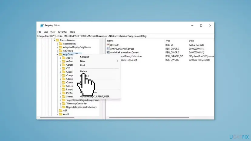 Registry Editor in Windows 11 at HKEY_LOCAL_MACHINE SOFTWARE Microsoft Windows NT CurrentVersion AppCompatFlags with the right-click menu open on Delete