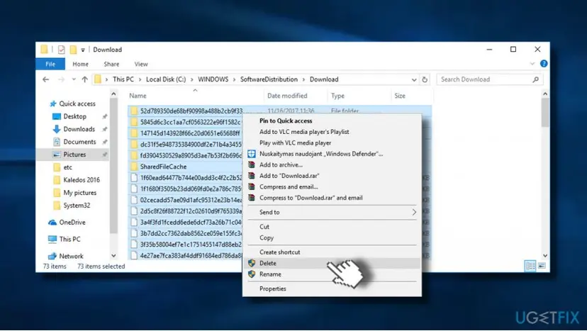File Explorer open at C:\Windows\SoftwareDistribution\Download with all update files selected and Delete chosen in the right-click menu