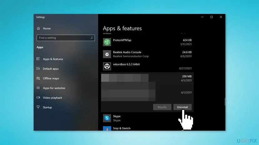 Windows Apps and features page with an app selected and the Uninstall button highlighted