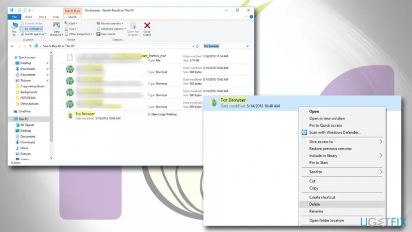 File Explorer search results showing the Tor Browser folder and the context menu with Delete highlighted