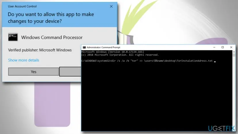 User Account Control prompt and a Command Prompt window running a dir search command to find Tor files on the PC