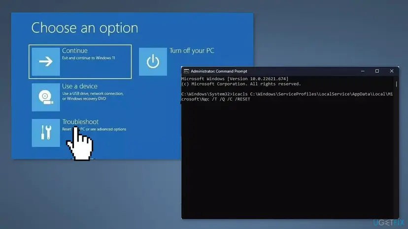 Windows 11 recovery screen Choose an option with Troubleshoot highlighted and a Command Prompt running the icacls command on the Ngc folder
