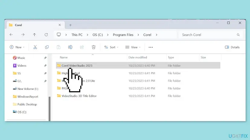 File Explorer on Windows 11 at C:\Program Files\Corel with the Corel VideoStudio 2023 folder selected next to other Corel folders