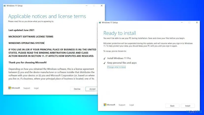 Windows 11 Setup windows showing the license terms and the Ready to install page with Install Windows 11 Pro and Keep personal files and apps selected