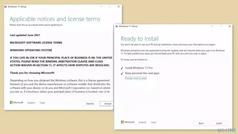 Windows 11 Setup screens: the license terms with Accept, and Ready to install with Keep personal files and apps checked