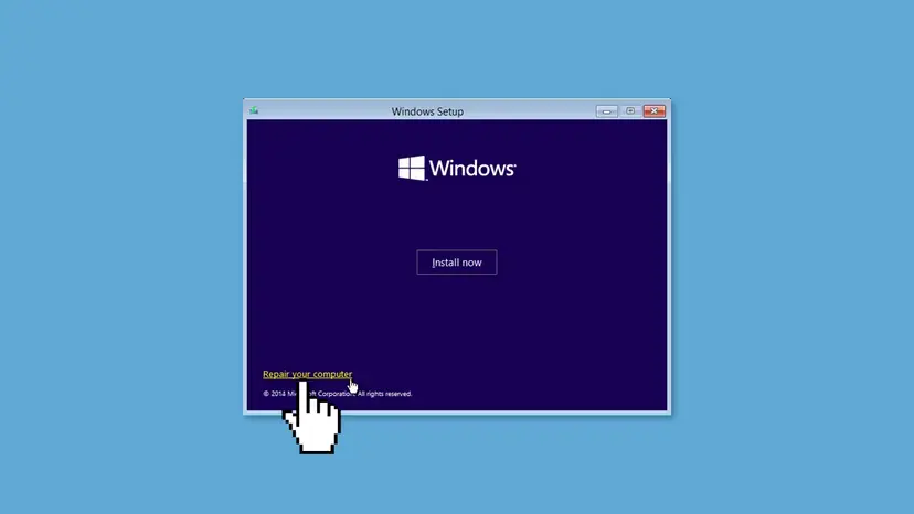 Windows Setup window from a Windows USB drive with the Install now button and the Repair your computer link pointed at