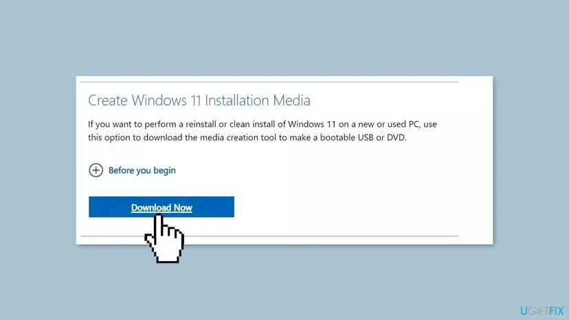 Microsoft download page section Create Windows 11 Installation Media with the Download Now button for the media creation tool