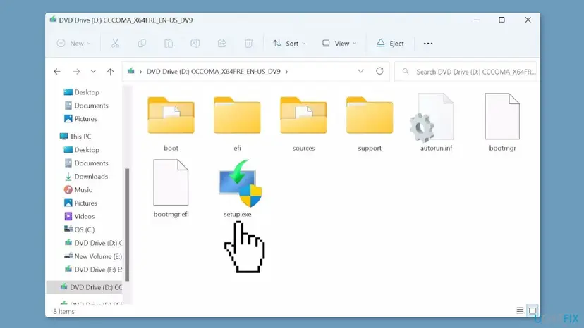 File Explorer showing a mounted Windows 11 ISO drive with boot, efi, sources and support folders and the setup.exe file selected