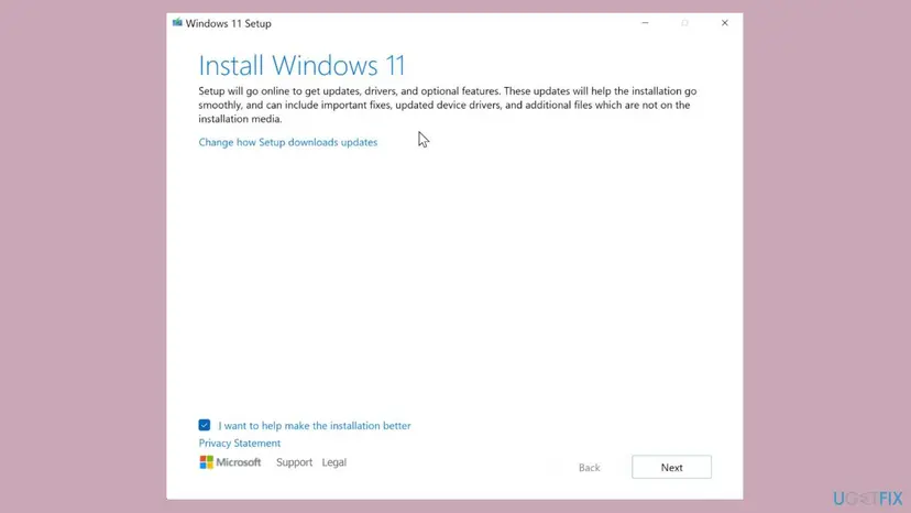 Windows 11 Setup window titled Install Windows 11, saying Setup will go online to get updates, drivers and optional features, with the Next button