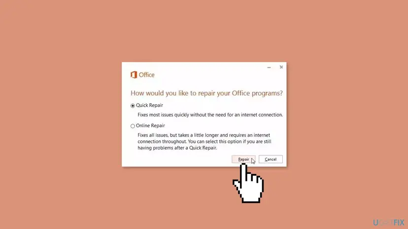 Office repair window asking How would you like to repair your Office programs, with Quick Repair selected, Online Repair below it, and the Repair and Cancel buttons