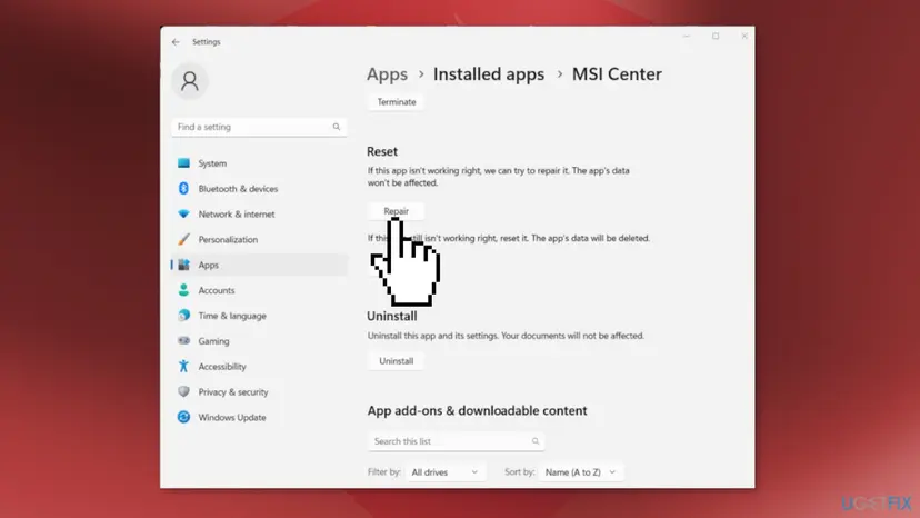 Windows 11 Settings at Apps, Installed apps, MSI Center advanced options with the Terminate, Repair, Reset and Uninstall buttons