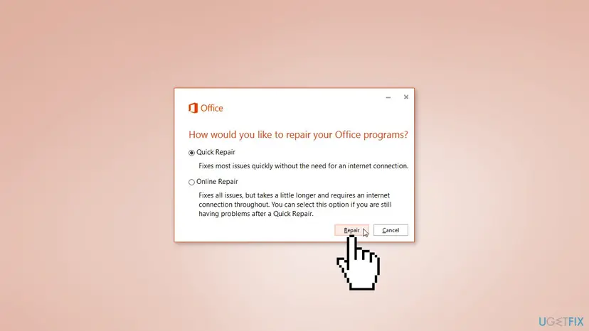 Office repair window asking How would you like to repair your Office programs with Quick Repair and Online Repair options and the Repair button