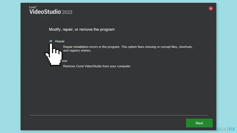 Corel VideoStudio 2023 setup window titled Modify, repair, or remove the program with the Repair option selected above the Remove option