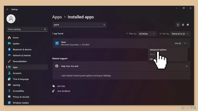 Windows 11 Settings at Apps, Installed apps filtered to Paint, with the three dots menu open and Advanced options highlighted