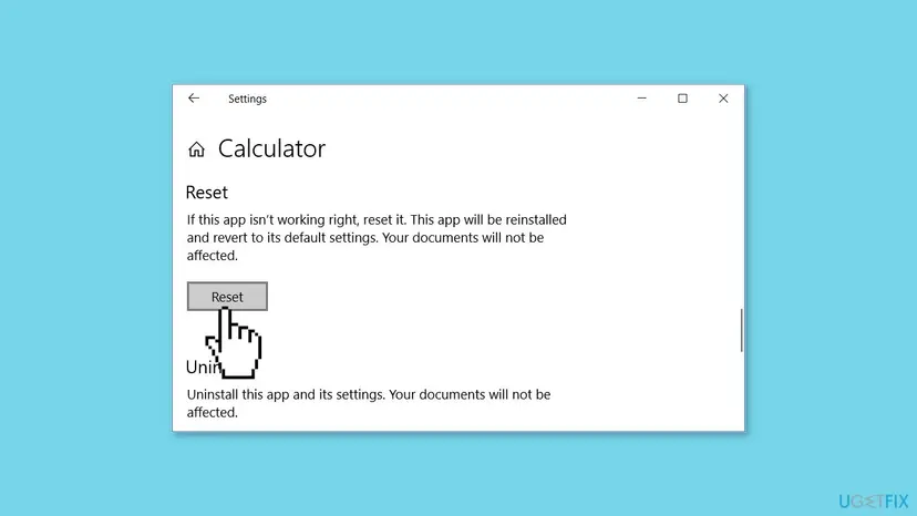 Settings page for the Calculator app with the Reset section and the Reset button, which reinstalls the app with default settings