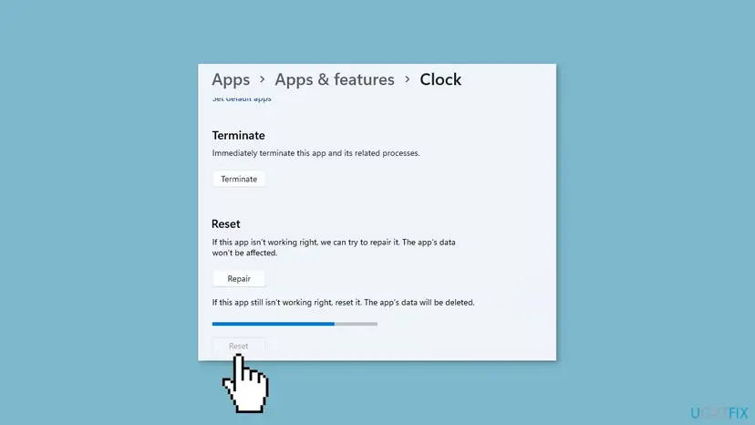Windows 11 Settings showing the Clock app's Advanced options with the Reset button selected