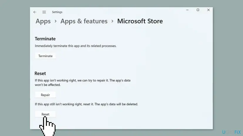Settings page of the Microsoft Store app with the Terminate, Repair and Reset buttons and a pointer on Reset