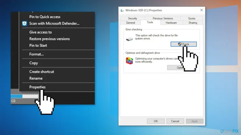 Drive context menu with Properties selected and the Properties window Tools tab with the Check button under Error checking