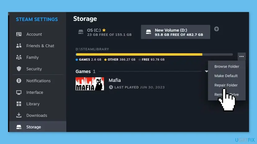 Steam Storage settings with the three dots menu open and the Repair Folder option