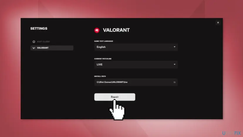Riot Client Settings window with VALORANT selected, the install path C:\Riot Games\VALORANT\live and the Repair button