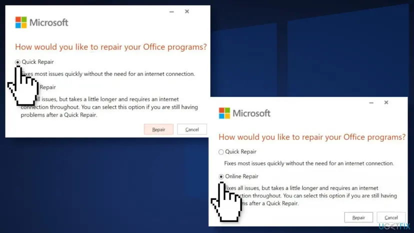 Office repair window asking How would you like to repair your Office programs, shown twice, with Quick Repair selected in one and Online Repair selected in the other
