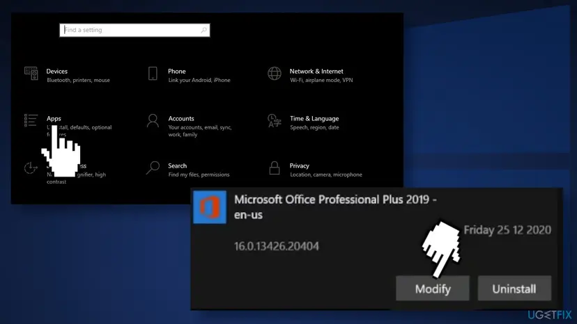 Windows 10 Settings home with Apps selected and a Microsoft Office Professional Plus 2019 entry in Apps and Features showing the Modify and Uninstall buttons
