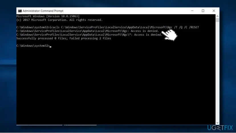 Administrator Command Prompt on Windows 10 running icacls on the Ngc folder, with Access is denied for the folder and Failed processing 2 files