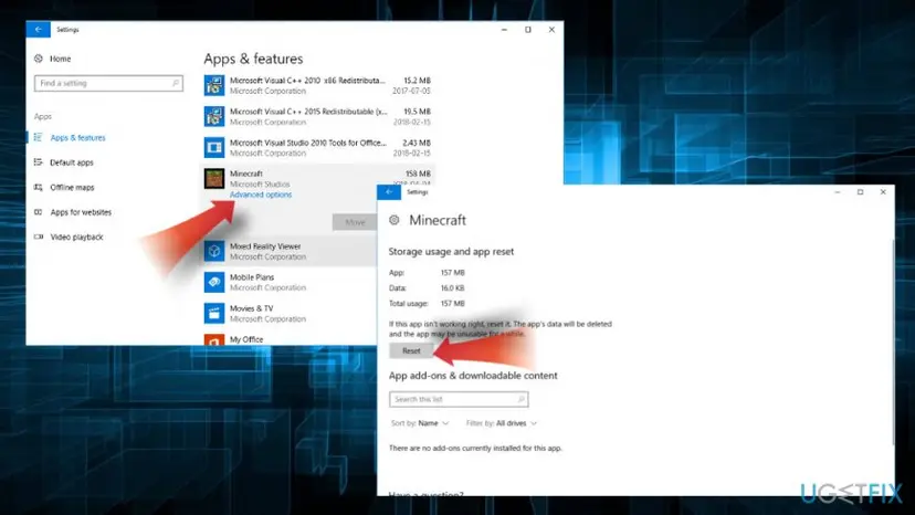 Windows 10 Settings, Apps and features with Advanced options under Minecraft, and the Minecraft page with the Reset button