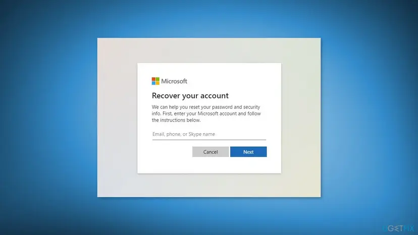 Microsoft Recover your account page with a box for the email, phone or Skype name and the Cancel and Next buttons