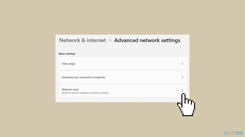 Windows 11 Settings, Network and internet, Advanced network settings page with the Network reset entry that resets all network adapters