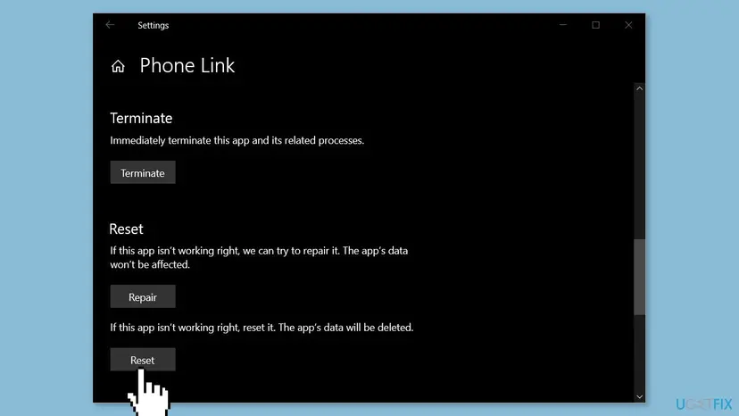 Phone Link Advanced options in Windows Settings with the Repair and Reset buttons visible