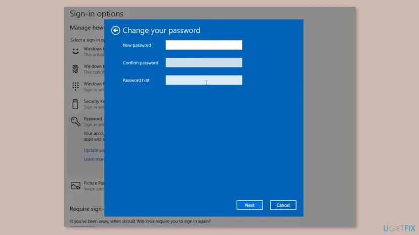 Windows 10 Sign-in options with the password window open, showing New password, Confirm password and Password hint fields and a Next button
