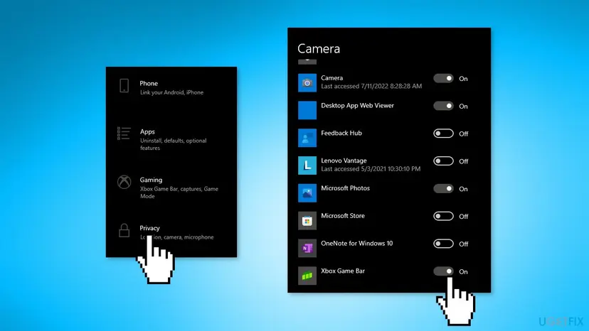 Windows 10 Settings with Privacy selected and the Camera page listing apps such as Camera and Microsoft Photos with their camera switches on or off