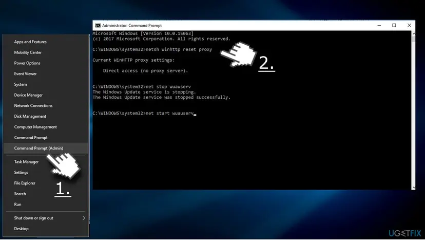 Command Prompt as administrator on Windows 10 after netsh winhttp reset proxy shows Direct access, followed by net stop and net start wuauserv
