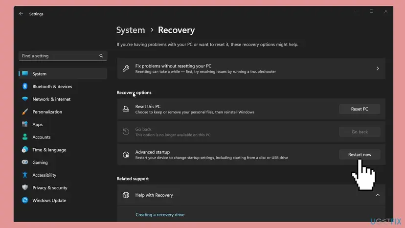 Windows 11 Settings, System, Recovery page with the Restart now button next to Advanced startup highlighted