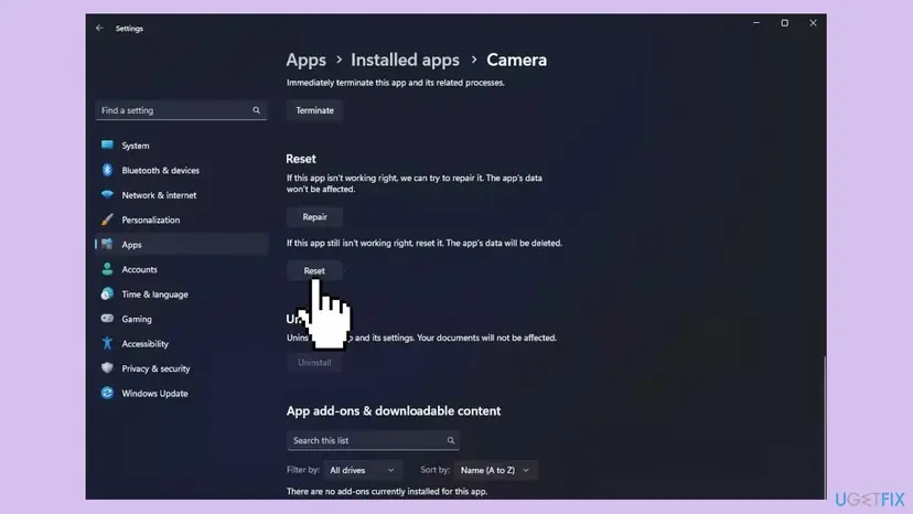 Windows 11 Settings at Apps, Installed apps, Camera with the Terminate, Repair and Reset buttons and the Uninstall section below