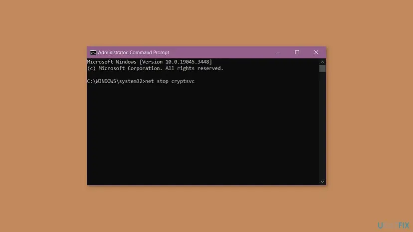 Administrator Command Prompt on Windows 10 with the command net stop cryptsvc typed, the first step of the catroot2 reset