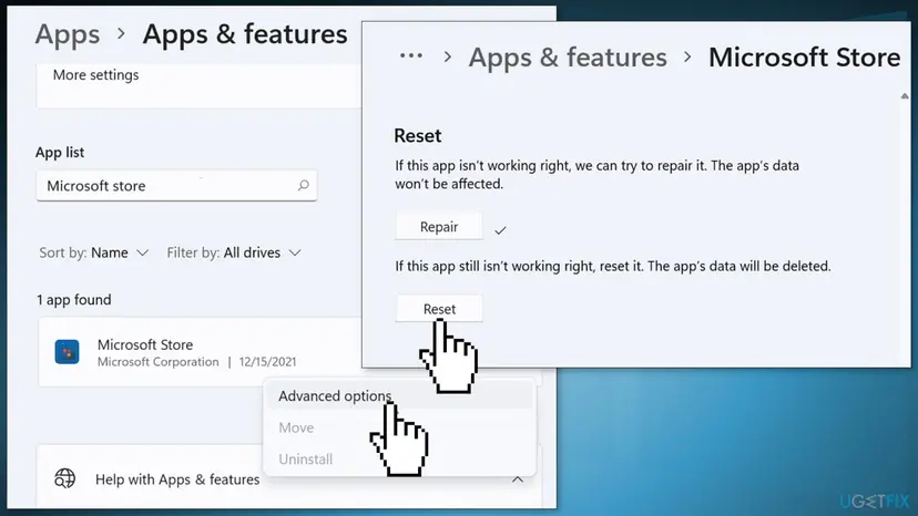 Apps and features with Microsoft Store found and Advanced options selected, next to the Microsoft Store advanced page with the Repair and Reset buttons