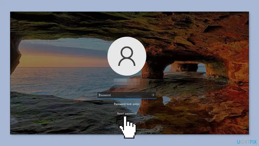 Windows 11 sign-in screen of a local account with the password box, the password hint and the Reset password link below it