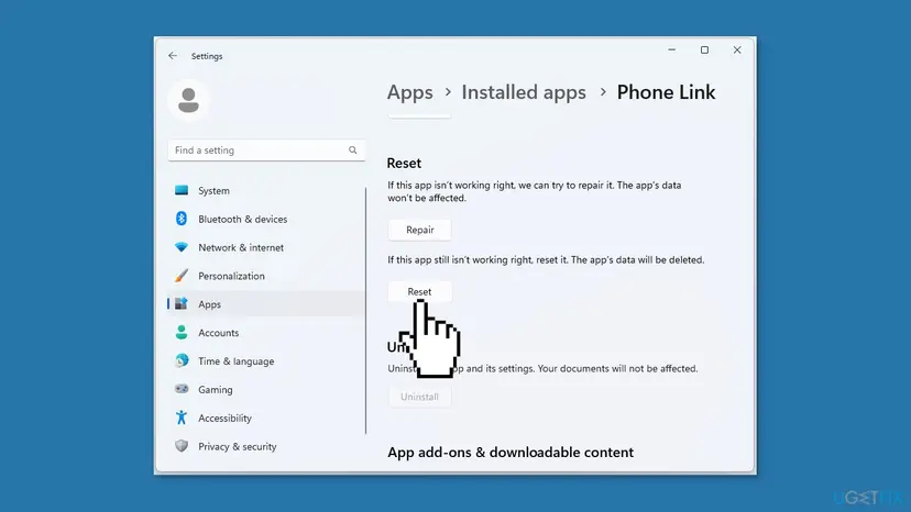 Windows 11 Settings at Apps, Installed apps, Phone Link, with the Repair and Reset buttons in the Reset section