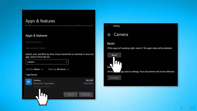 Windows 10 Apps and features with the Camera app found by search and its Advanced options page showing the Reset button